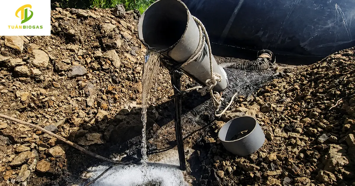 Nước thải đầu ra sau 2 túi biogas tròn lắp nối tiếp chảy ra trong vắt và sạch bọt khí