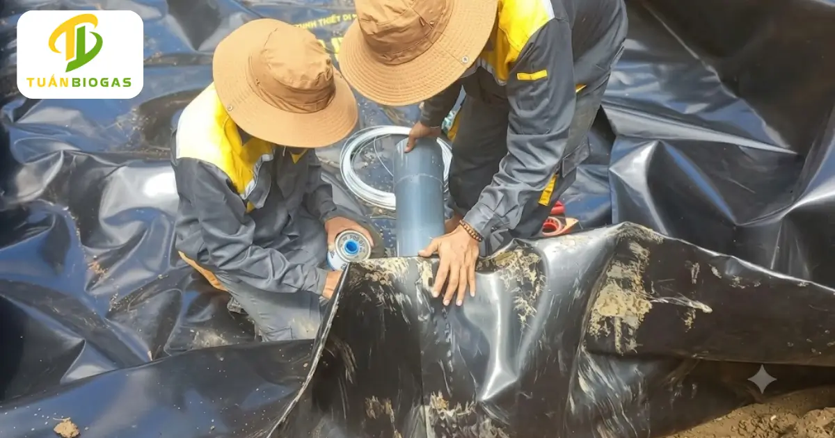 Bà con nông dân chỉ việc đặt cuộn túi biogas xuống hố và gắn ống cứng 140