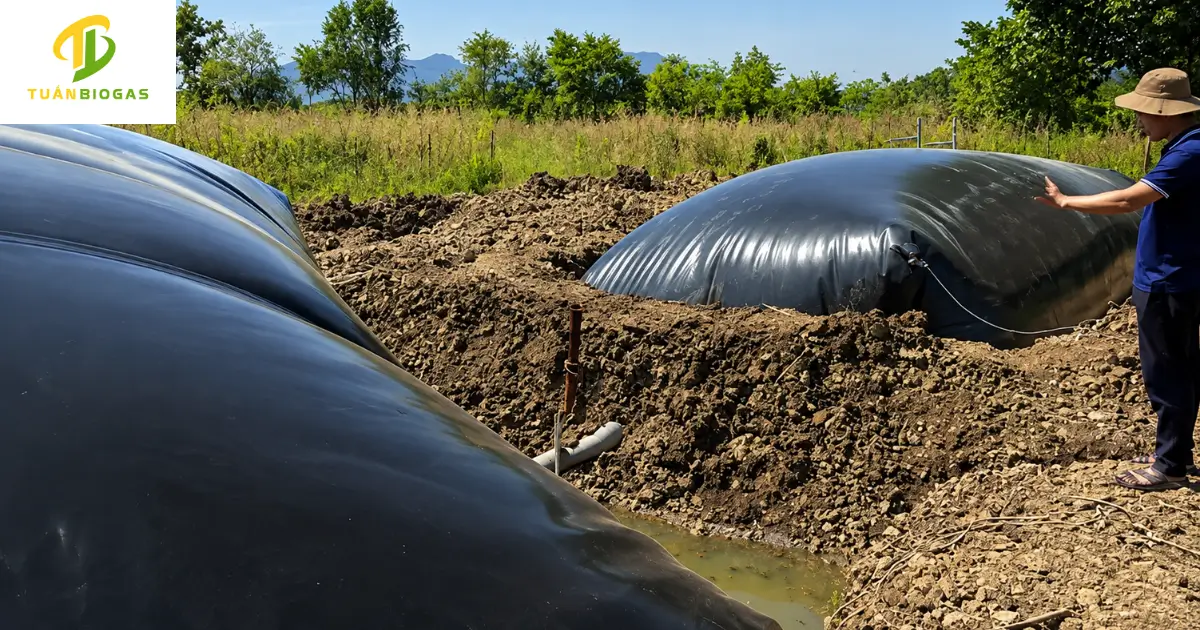 Bờ đất ngăn giữa hai túi biogas giúp kỹ thuật viên dễ dàng di chuyển lắp đặt