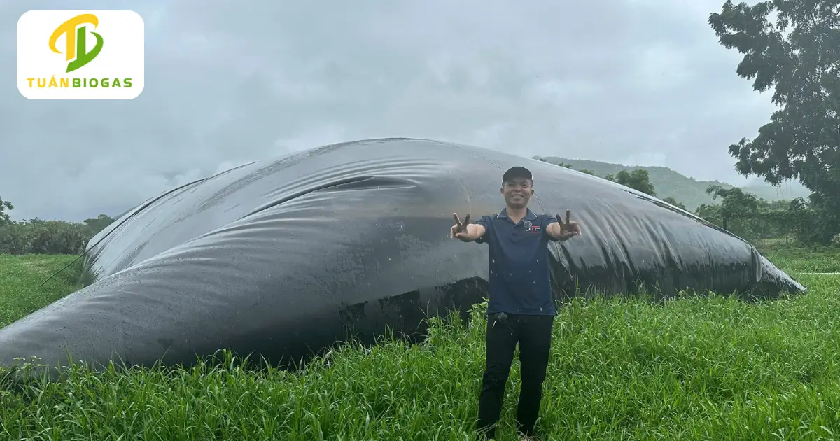 Kỹ thuật viên Tuấn Biogas cao 1m7 đứng kiểm tra bên cạnh vòm túi biogas tròn cao gần 4m tại Ninh Thuận