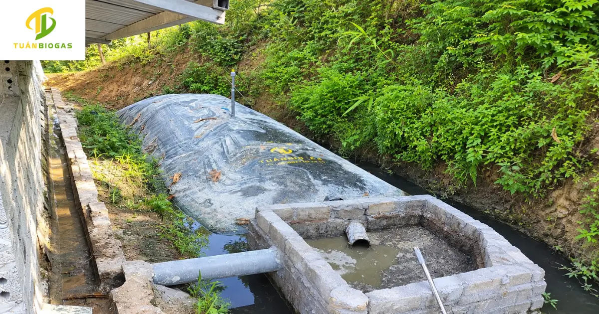 Mô hình hố gom lắng cặn kích thước 1.5m x 1.5m xây gạch trước cửa nạp túi biogas
