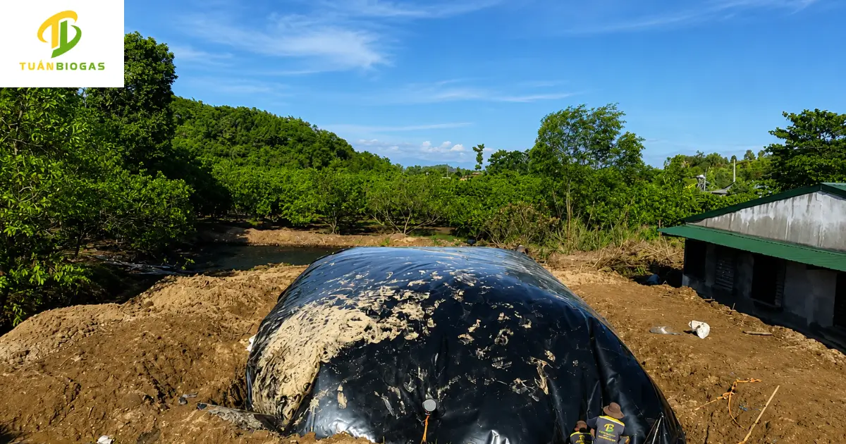 Toàn cảnh túi biogas tròn 250 khối chứa Tuấn Biogas nhìn từ flycam trên cao