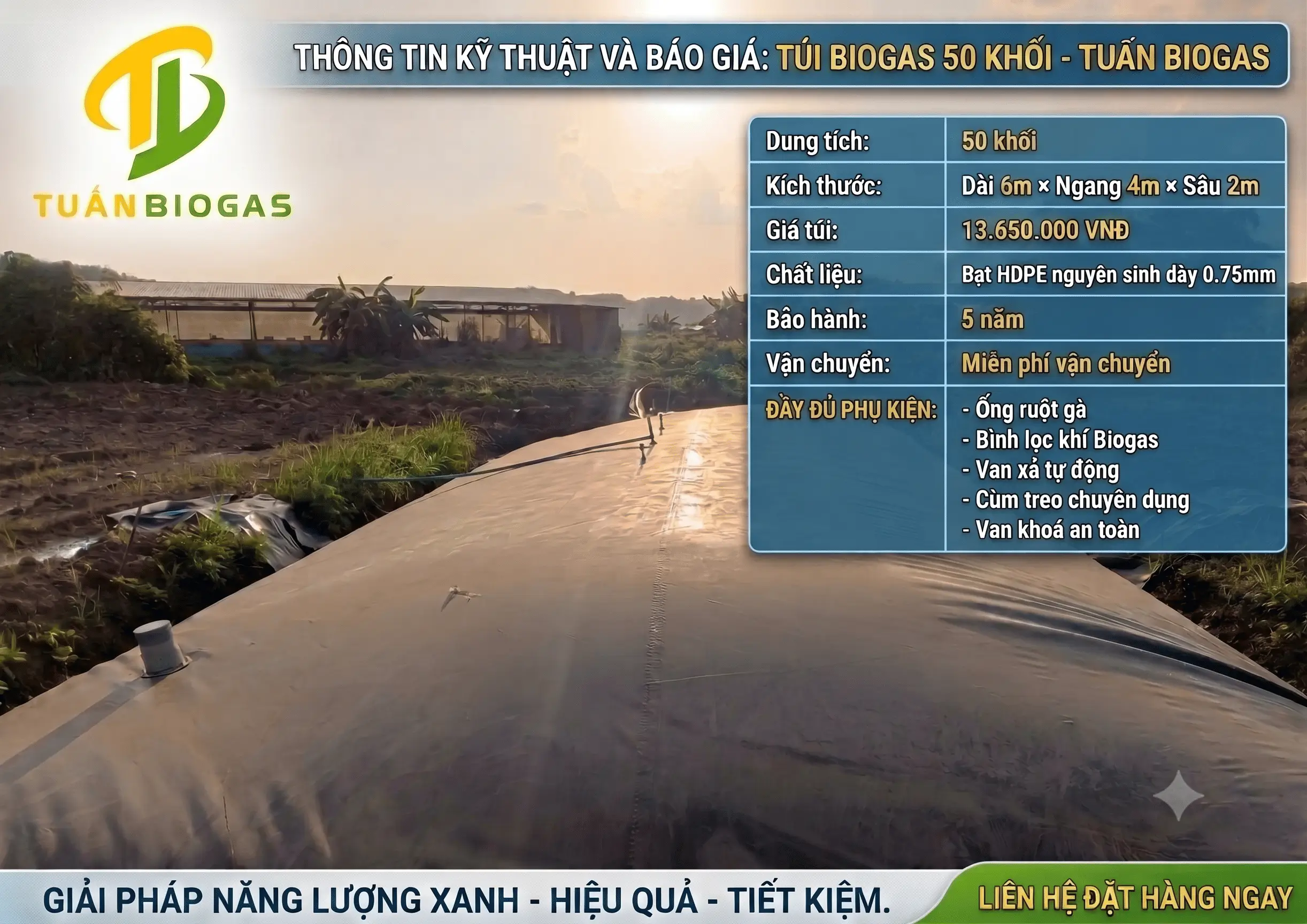 Bảng giá tham khảo túi biogas 50 khối của Tuấn Biogas cho quy mô 60-70 con heo