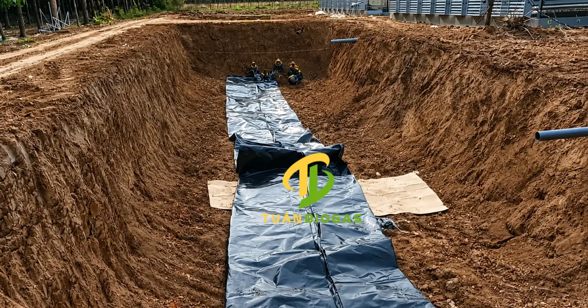 Kỹ thuật viên canh túi biogas ở giữa tim hố trước khi trải đều hai bên