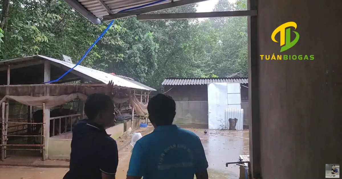 Kỹ thuật viên kiểm tra đường ống dẫn khí gas từ túi biogas vào bếp nấu