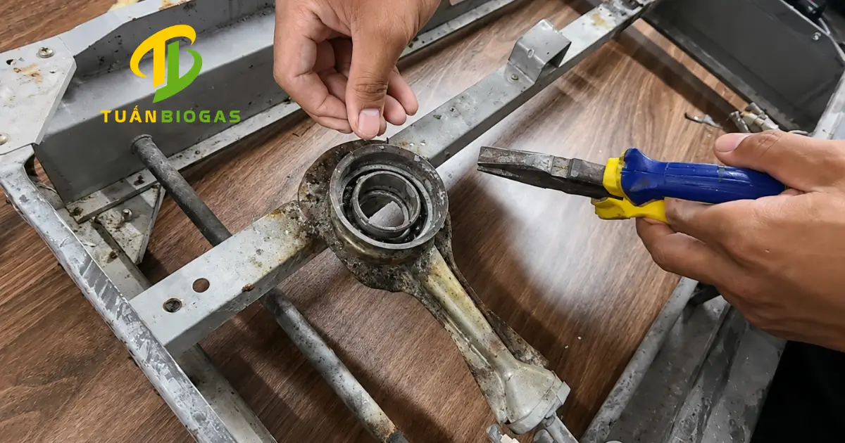 Kỹ thuật viên tháo dỡ cụm đánh lửa cũ của bếp gas