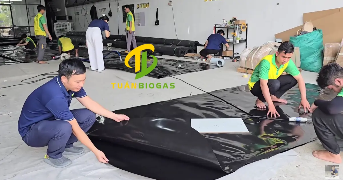Kỹ thuật viên trải bạt HDPE 0.75mm chuẩn bị hàn túi trữ khí biogas