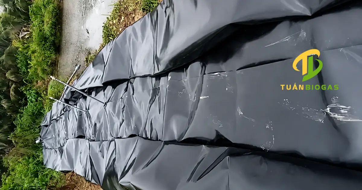 Kỹ thuật viên trải túi biogas trên bờ và đấu nối ống trước khi đưa xuống ao