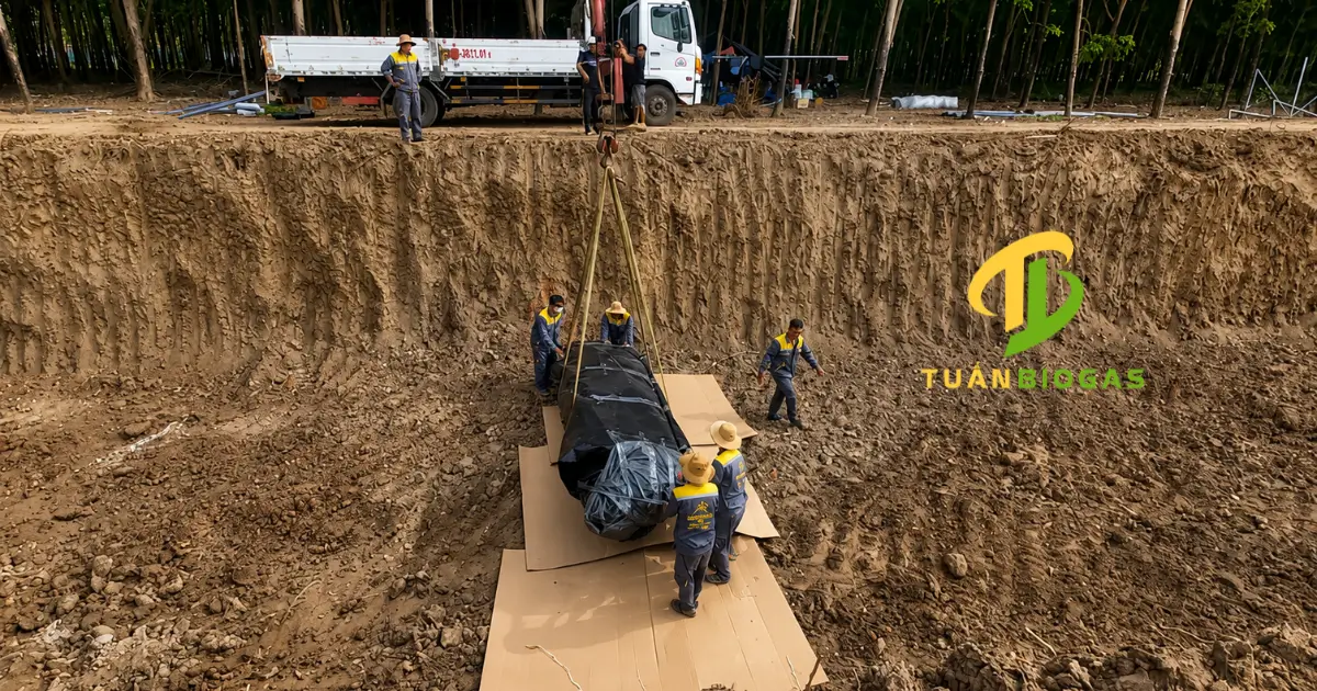 Nhóm kỹ thuật viên phối hợp định vị túi biogas trang trại dung tích lớn xuống hố