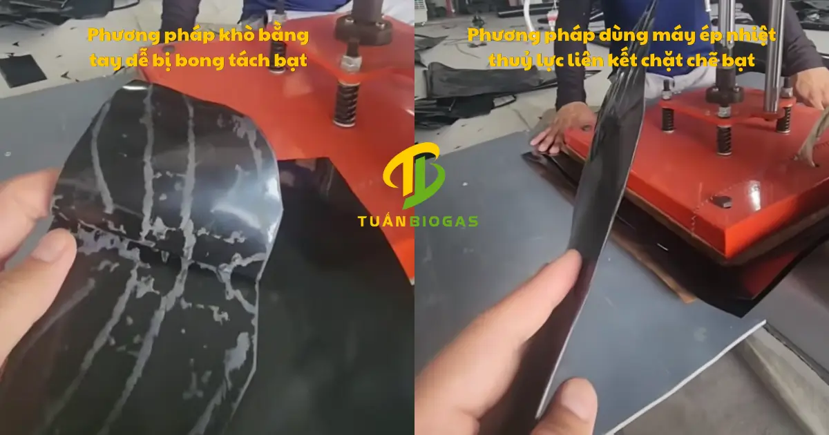 So sánh mối góc ép nhiệt thủy lực và mối góc khò tay truyền thống trên túi biogas