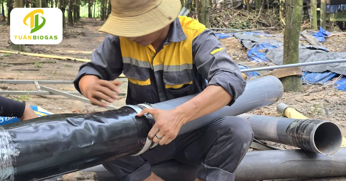Đoạn ống ruột gà dẻo dai bọc bạt HDPE nối giữa ống cứng 140 và mặt bích túi biogas