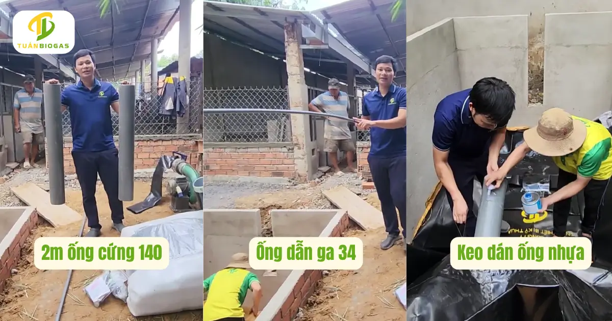 Các đoạn ống nhựa cứng PVC 140, ống dẫn ga 34 và lon keo dán chuẩn bị lắp túi biogas 8 khối