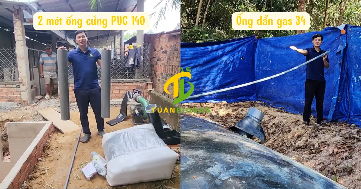 Các loại ống nhựa PVC 140 và ống dẫn gas 34 chuẩn bị thi công túi biogas