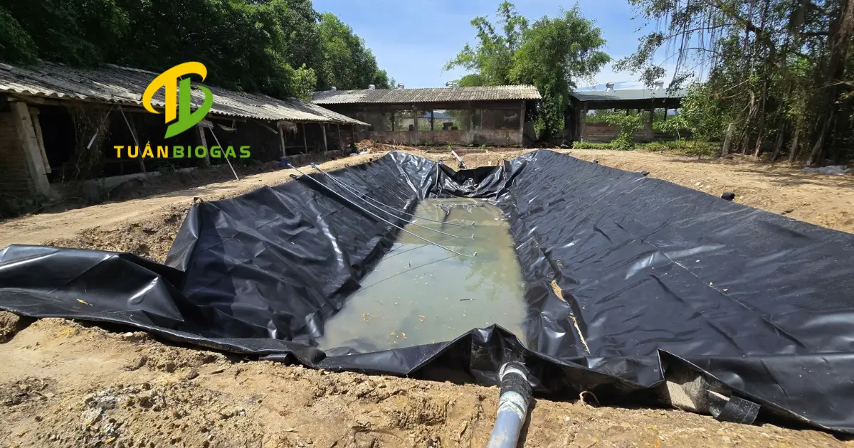 Kỹ thuật viên đo đạc độ dốc và kích thước hố taluy để xác định kích thước túi biogas